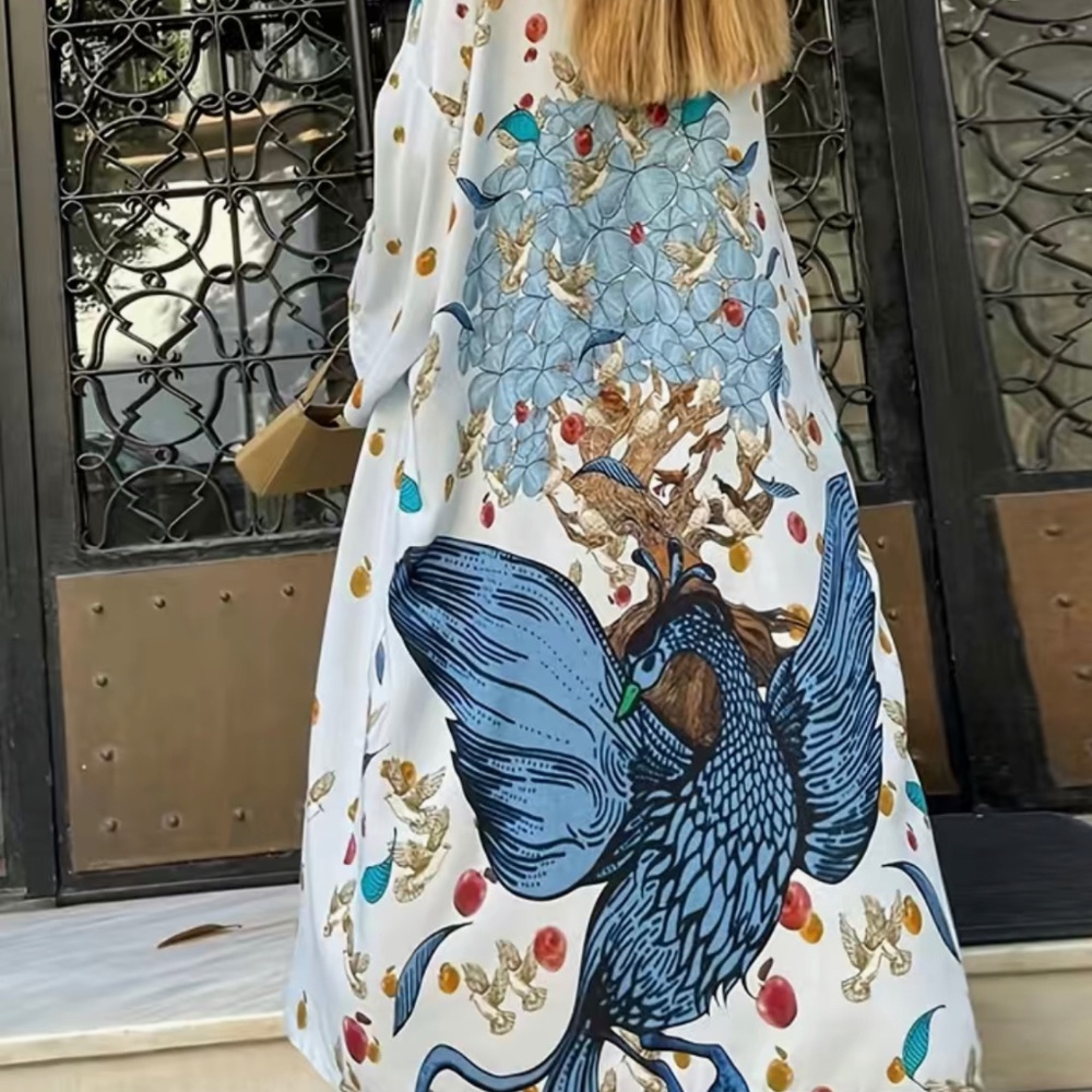 Boho Floral Bird Kimono Maxi Duster Cardigan Coverup - Picture 5 of 5